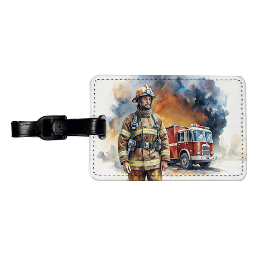 Firefighter and Fire Engine Watercolor Travel Faux Leather Luggage Tag