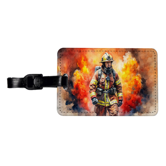 Firefighter Walking Out of Flames Watercolor Travel Faux Leather Luggage Tag