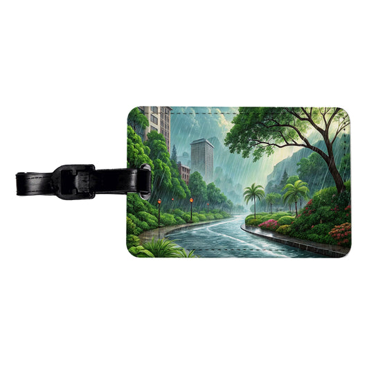 Heavy Monsoon Rain Storm City Landscape Travel Faux Leather Luggage Tag