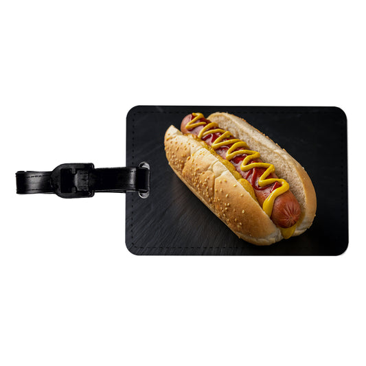 Hot Dog In Bun With Mustard and Ketchup Travel Faux Leather Luggage Tag