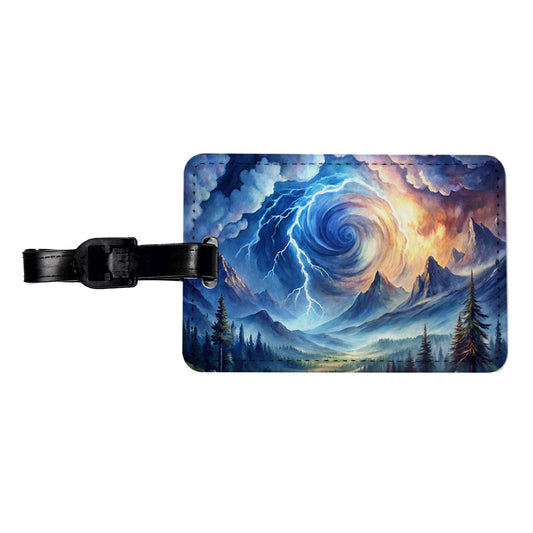 Hurricane and Lightning At Night in the Mountains Watercolor Travel Faux Leather Luggage Tag