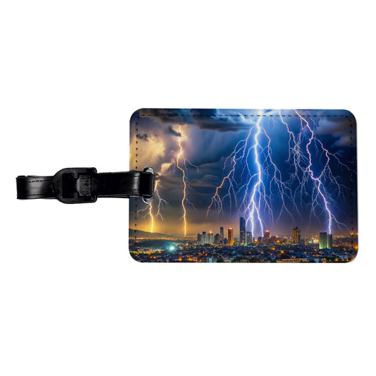 Lighting Strikes Over City At Night Travel Faux Leather Luggage Tag