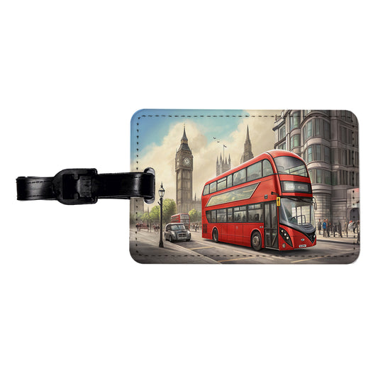 Modern Double Decker Bus In London England Travel Faux Leather Luggage Tag