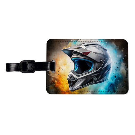 Motocross Racing Bike Helmet Black Watercolor Travel Faux Leather Luggage Tag
