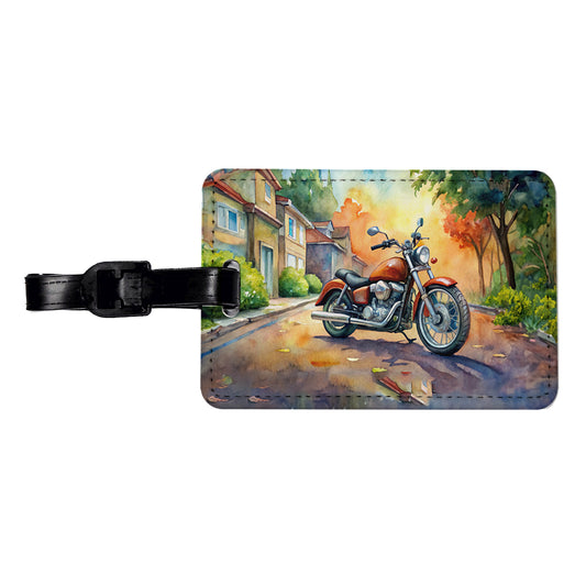 Motorcycle Watercolor Scene Travel Faux Leather Luggage Tag