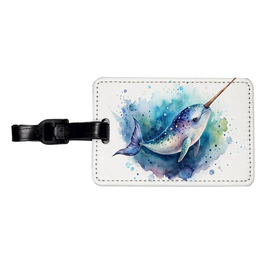 Narwhal Swimming Unicorn of the Sea Watercolor Travel Faux Leather Luggage Tag