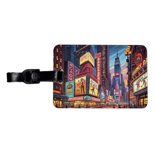 Neon Lights of City Center at Night Travel Faux Leather Luggage Tag