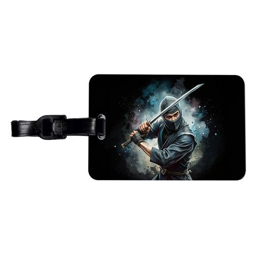 Ninja With Katana Black Watercolor Travel Faux Leather Luggage Tag
