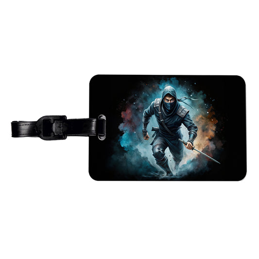 Ninja with Katana Running Black Watercolor Travel Faux Leather Luggage Tag