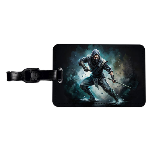Ninja with Katana Sword Black Watercolor Travel Faux Leather Luggage Tag