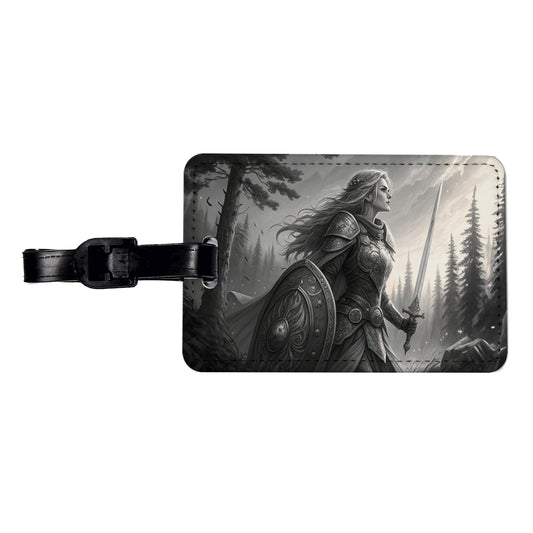 Nordic Viking Fantasy Woman Warrior Black And White Travel Faux Leather Luggage Tag