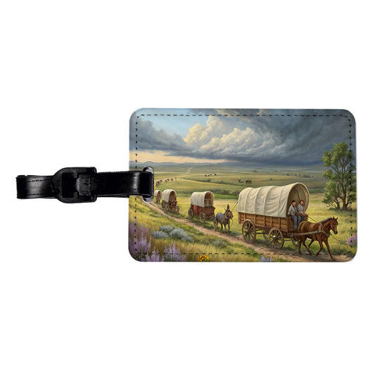 Old West Covered Wagons Crossing The Prairie Western Travel Faux Leather Luggage Tag