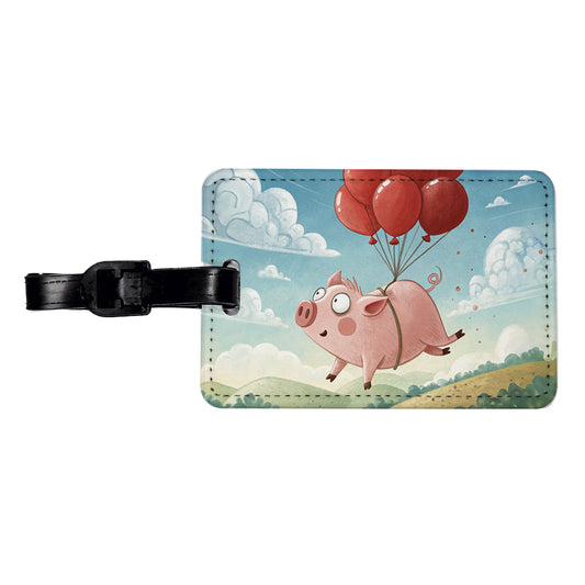 Pig Floating Through Sky Hanging From Red Balloons Travel Faux Leather Luggage Tag
