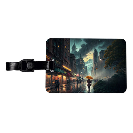 Rain Storm In The City at Night Travel Faux Leather Luggage Tag