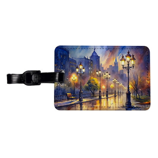 Raining In The City At Night Watercolor Travel Faux Leather Luggage Tag