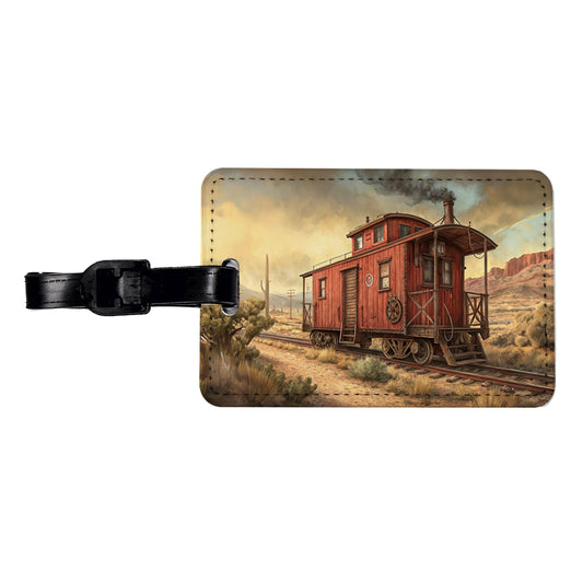 Red Train Caboose Old West Western Travel Faux Leather Luggage Tag