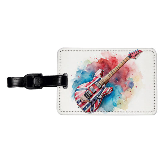 Red White Blue Rock and Roll Guitar Watercolor Travel Faux Leather Luggage Tag