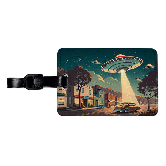 Retro Sci-fi 50's Poster Art Flying Saucer Travel Faux Leather Luggage Tag