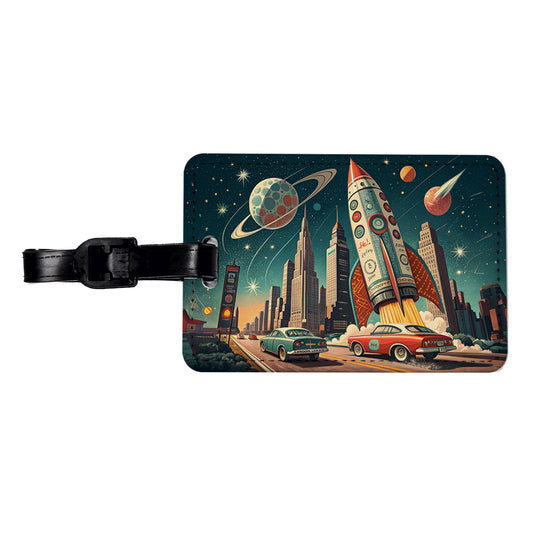 Retro Sci-fi 60's Poster Art Rocket Travel Faux Leather Luggage Tag