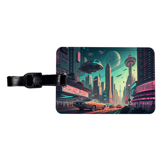 Retro Sci-fi Poster Art Futuristic City Scene Travel Faux Leather Luggage Tag