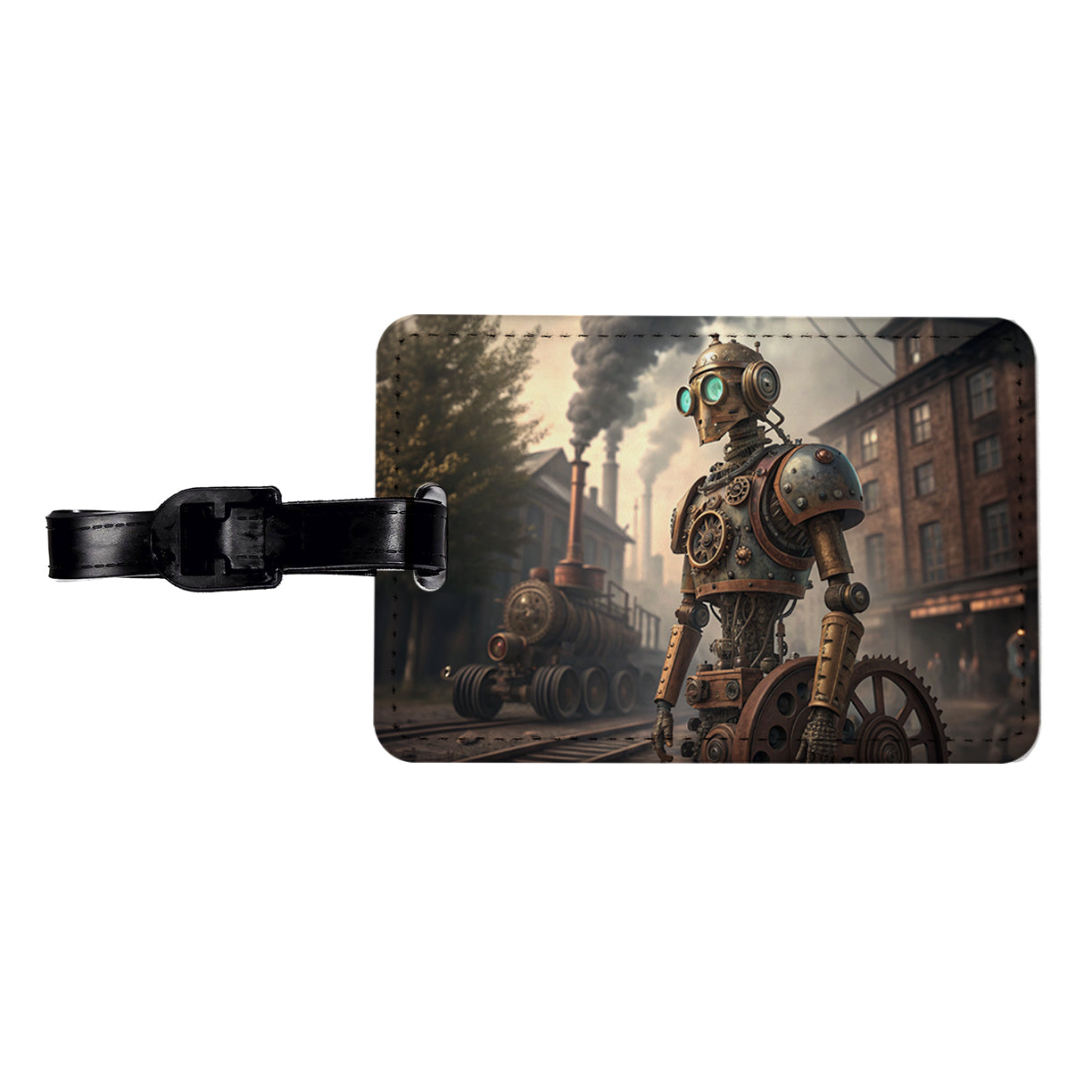 Retro Steampunk Factory Robot Android Travel Faux Leather Luggage Tag