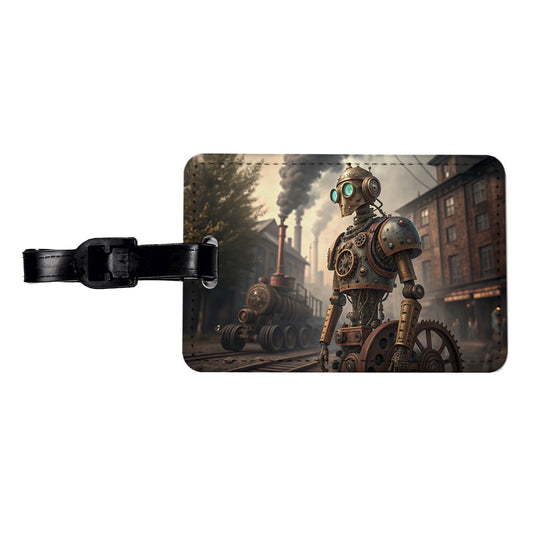 Retro Steampunk Factory Robot Android Travel Faux Leather Luggage Tag