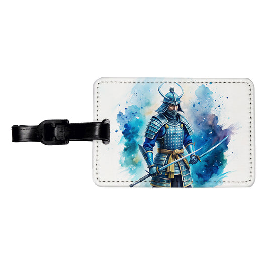 Samurai With Katana And Blue Armor Watercolor Travel Faux Leather Luggage Tag