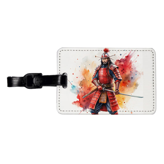 Samurai With Katana And Red Armor Watercolor Travel Faux Leather Luggage Tag