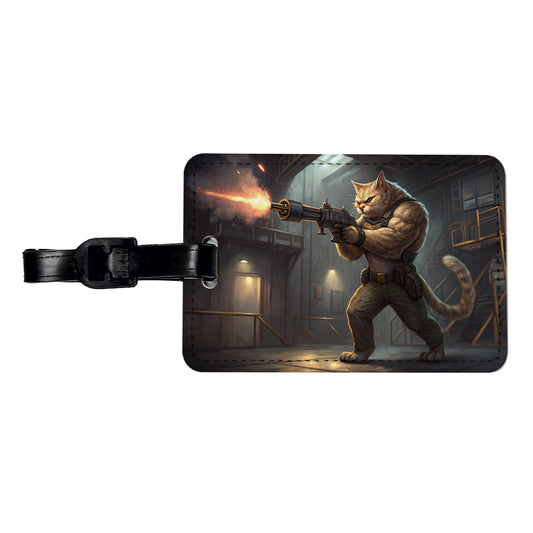 Sci-fi Action Hero Cat Shooting A Machine Gun Travel Faux Leather Luggage Tag