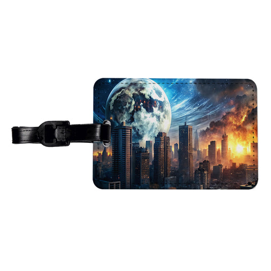 Sci-fi Apocalypse Cityscape City At Night Under a Large Full Moon Travel Faux Leather Luggage Tag