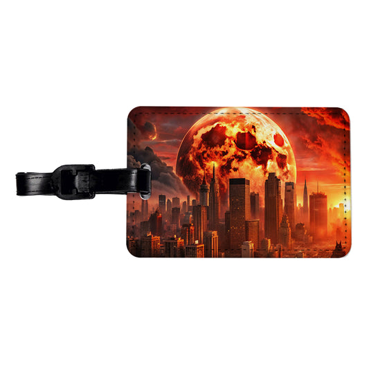 Sci-fi Apocalypse Cityscape Under A Red Full Moon Travel Faux Leather Luggage Tag
