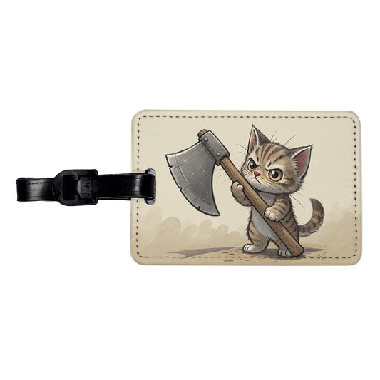 Small Cat Kitten Wielding a Large Axe Funny Fantasy Travel Faux Leather Luggage Tag