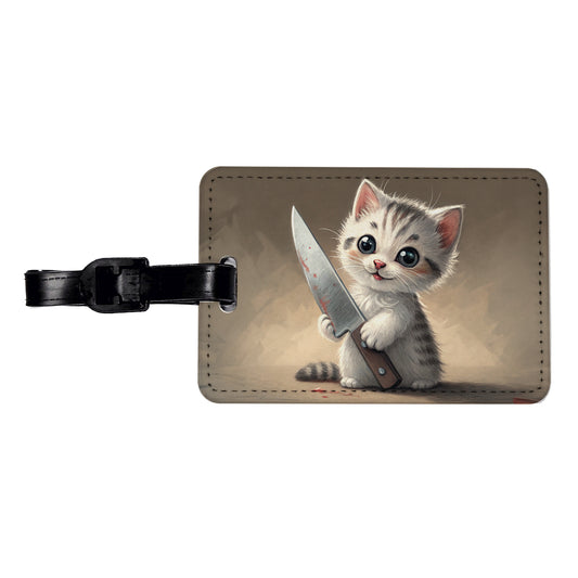 Small Cute Cat Kitten with a Butcher Knife Funny Travel Faux Leather Luggage Tag