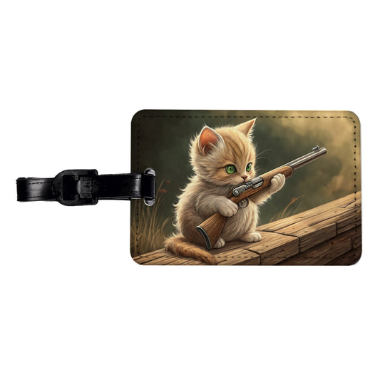 Small Cute Fuzzy Cat Kitten with a Shotgun Funny Travel Faux Leather Luggage Tag