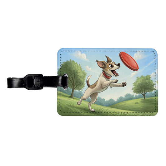 Small Dog Catching a Flying Disc Travel Faux Leather Luggage Tag