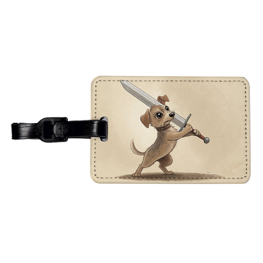 Small Dog Wielding a Large Sword Funny Fantasy Travel Faux Leather Luggage Tag