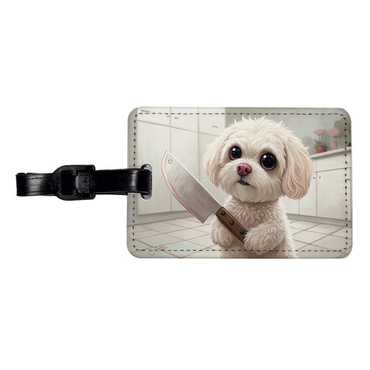 Small Fluffy Dog with a Butcher Knife Funny Scary Halloween Travel Faux Leather Luggage Tag