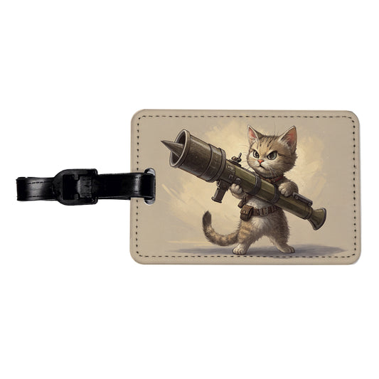 Small Fuzzy Cat Kitten with a Rocket Launcher Funny Travel Faux Leather Luggage Tag