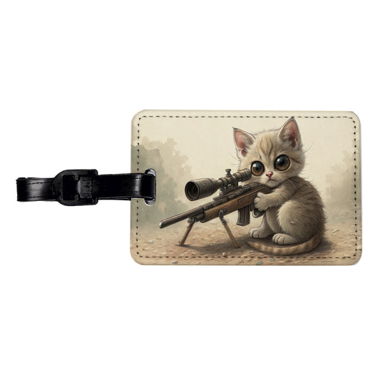 Small Fuzzy Cat Kitten With A Sniper Rifle Funny Travel Faux Leather Luggage Tag
