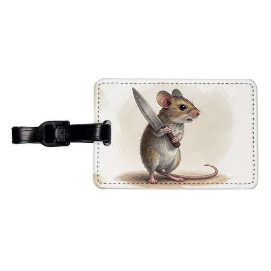 Small Mouse Holding A Butcher Knife Funny Scary Halloween Travel Faux Leather Luggage Tag