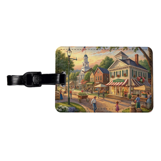 Small Town Americana Scene Travel Faux Leather Luggage Tag