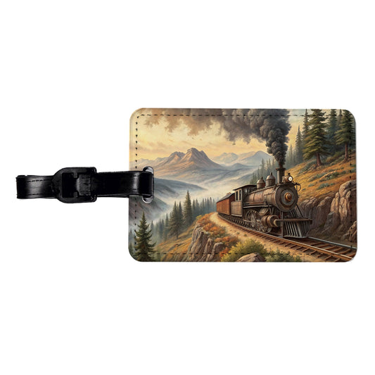 Steam Locomotive Coming Around The Mountain Old West Western Travel Faux Leather Luggage Tag