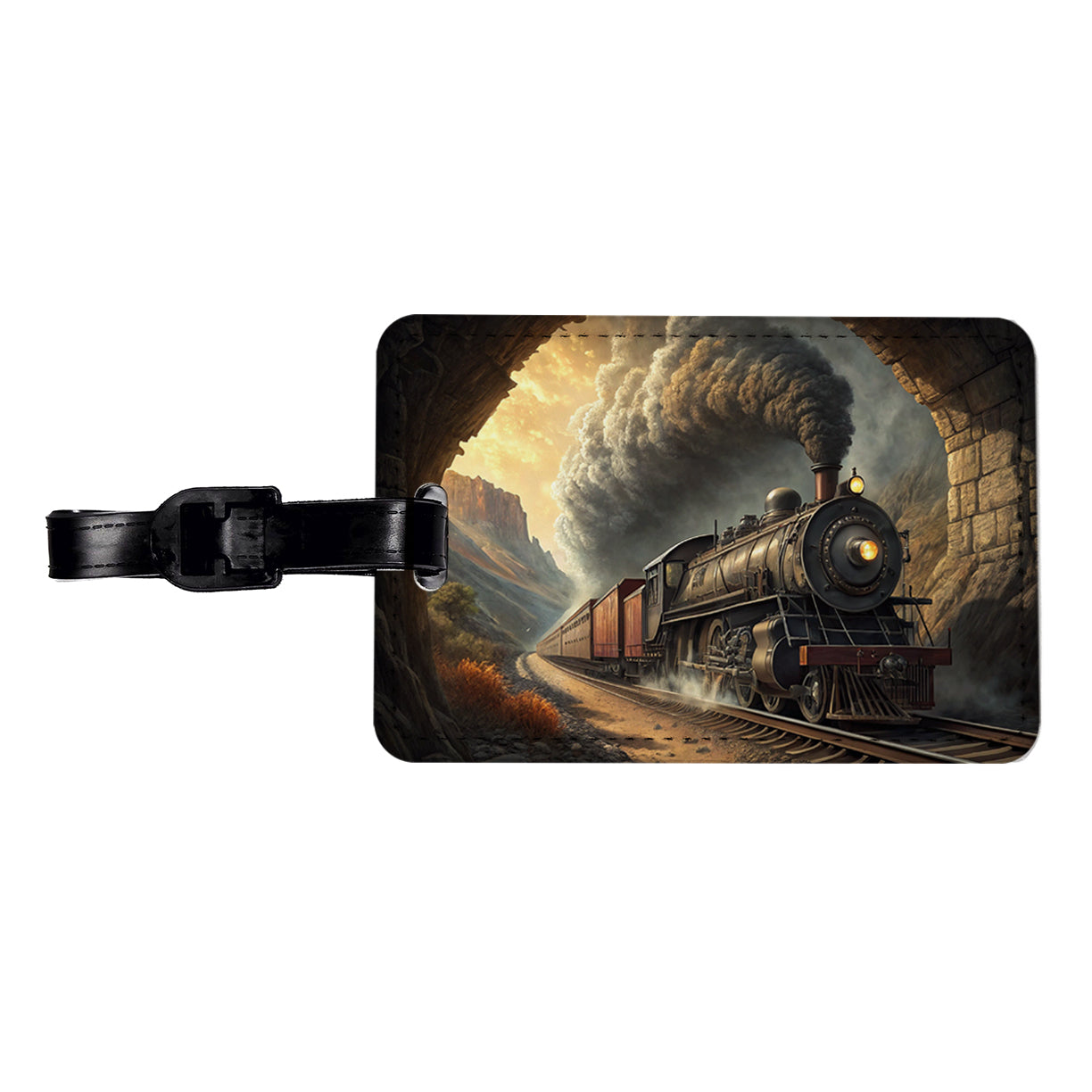 Steam Locomotive Coming Through Tunnel Old West Travel Faux Leather Luggage Tag