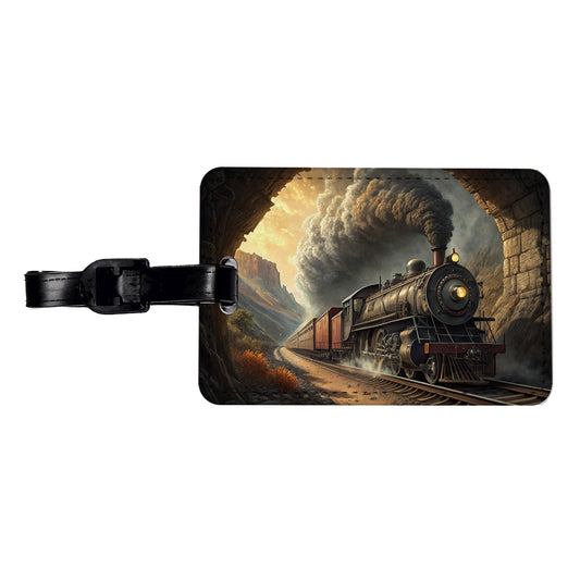 Steam Locomotive Coming Through Tunnel Old West Travel Faux Leather Luggage Tag