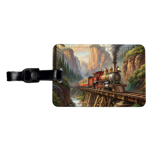 Steam Locomotive Crossing Gorge Old West Western Travel Faux Leather Luggage Tag