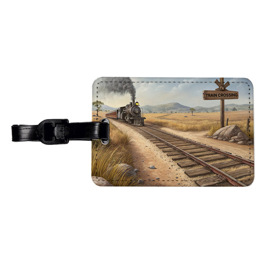 Steam Locomotive Train Crossing Old West Western Travel Faux Leather Luggage Tag
