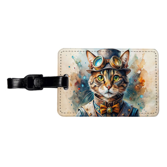 Steampunk Cat Hat and Goggles Watercolor Travel Faux Leather Luggage Tag
