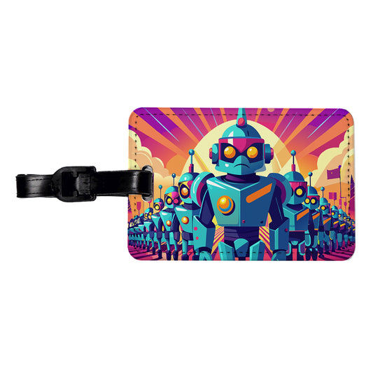 Vibrant Colored Sci-fi Robot Army Marching Travel Faux Leather Luggage Tag