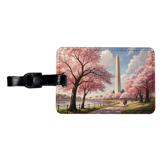 Washington Monument During Cherry Tree Blossom Season Travel Faux Leather Luggage Tag