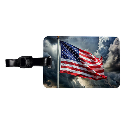 Waving American Flag After Storm Patriotic United States Travel Faux Leather Luggage Tag